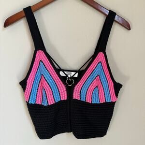 Madden NYC Crochet Babydoll Top Festival Boho Knit Heart Charm Baby Tee Size Med